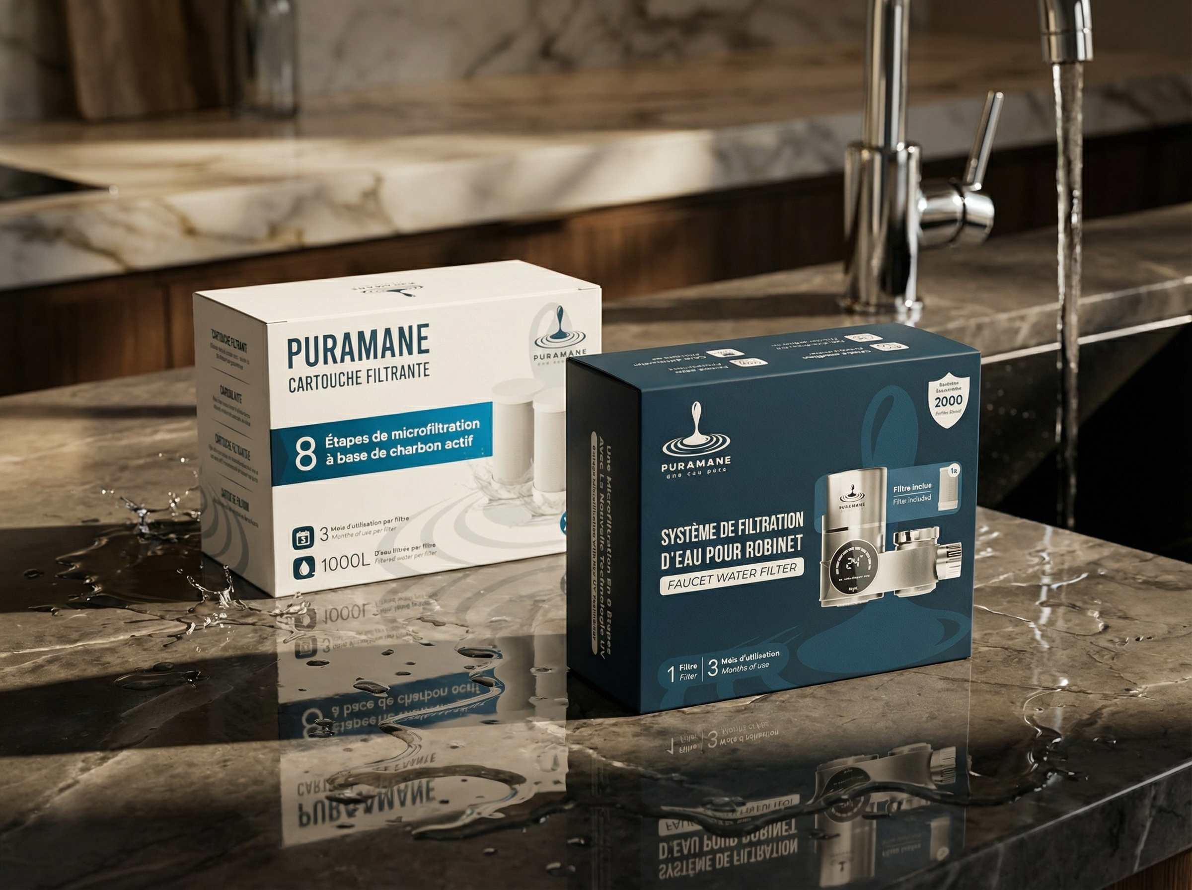 Pack filtre eau robinet Puramane avec cartouches charbon actif