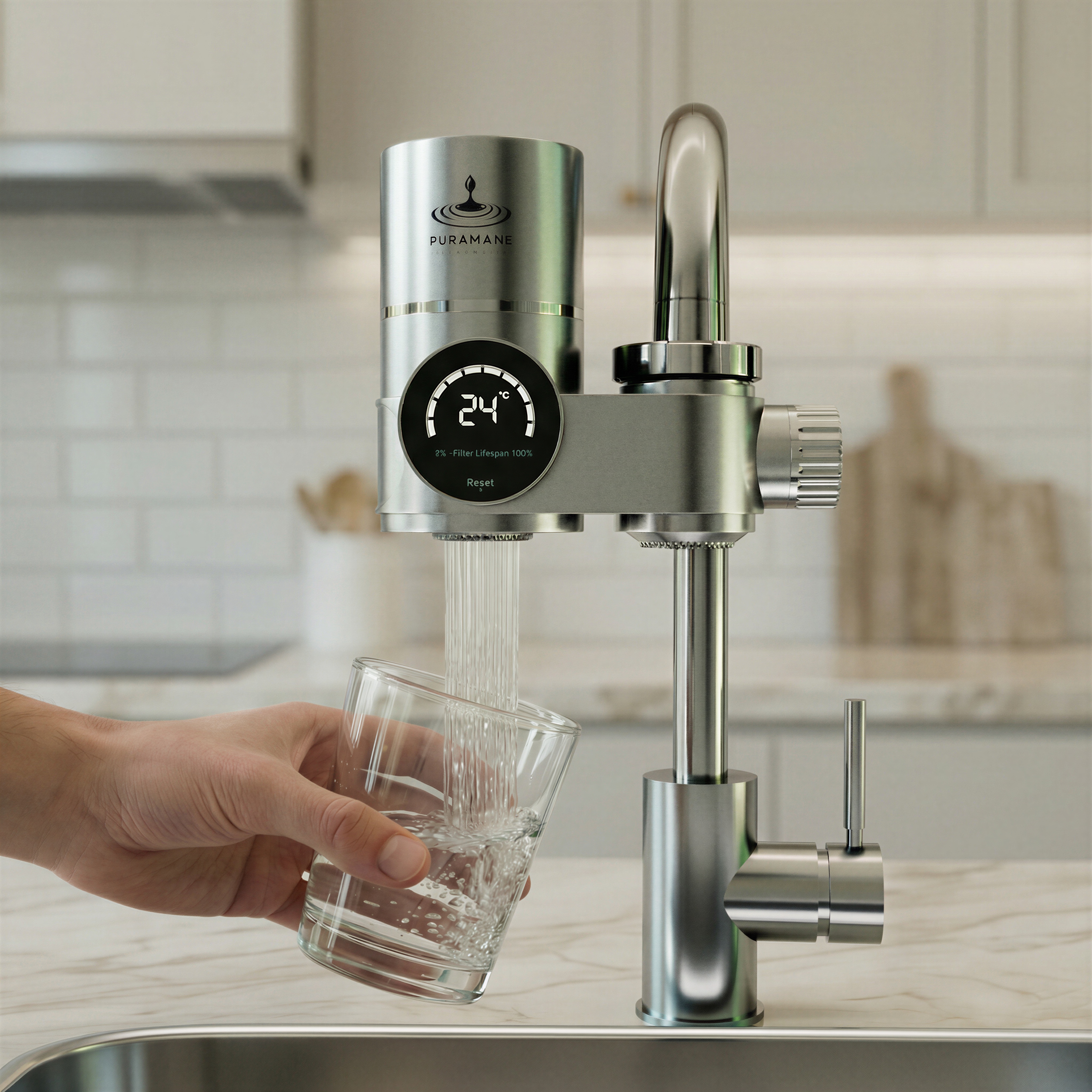 Filtre à eau Puramane sur robinet de cuisine - purificateur eau robinet